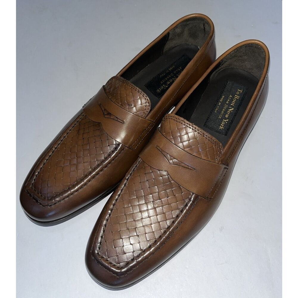 Mens Authentic To Boot New York “DANTE” Woven Leather Loafers Cognac US‎ 8M NEW